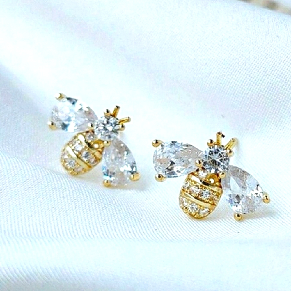 Gold plated copper and zirconia bee studs; nwot
